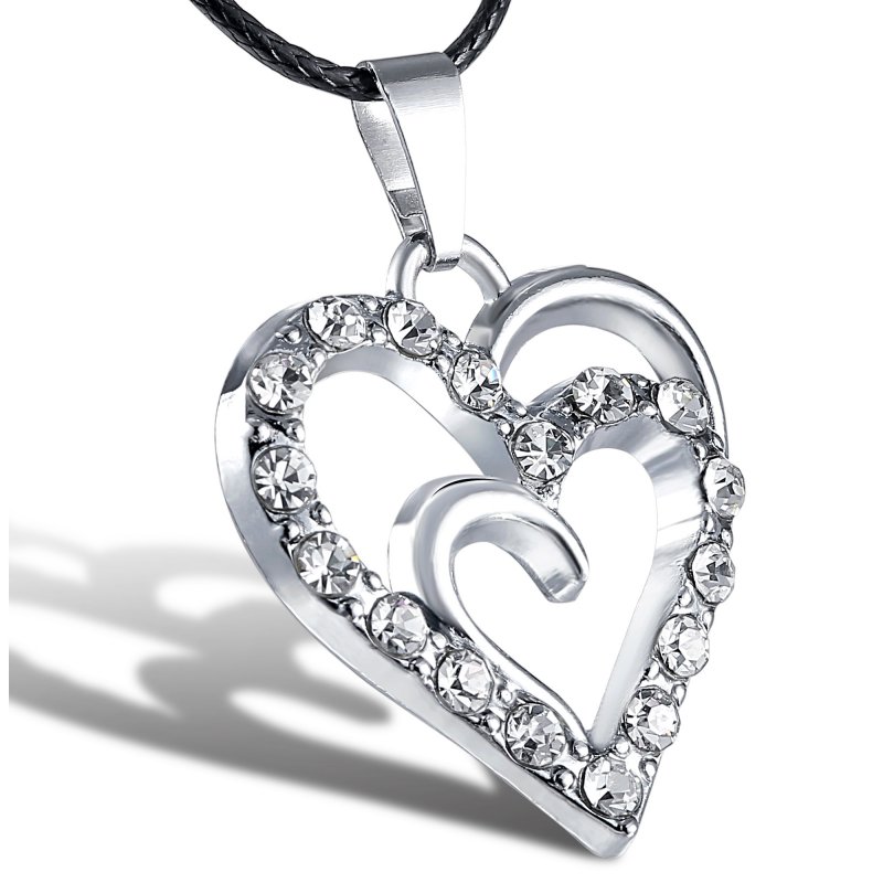Men Cool Stainless Steel Silver Heart Unisex Pendant Leather Necklace