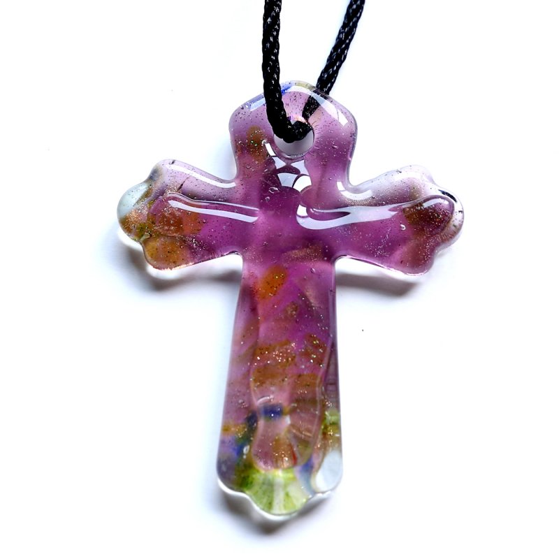 Murano Glass Cross Pendant Necklace Gold Dust Inside Exquisite Handmade