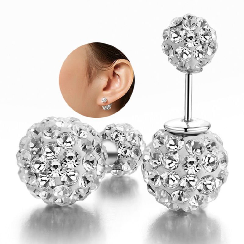 Fashion Womens Silver Double Crystal Ball Ear Stud Earrings Wedding