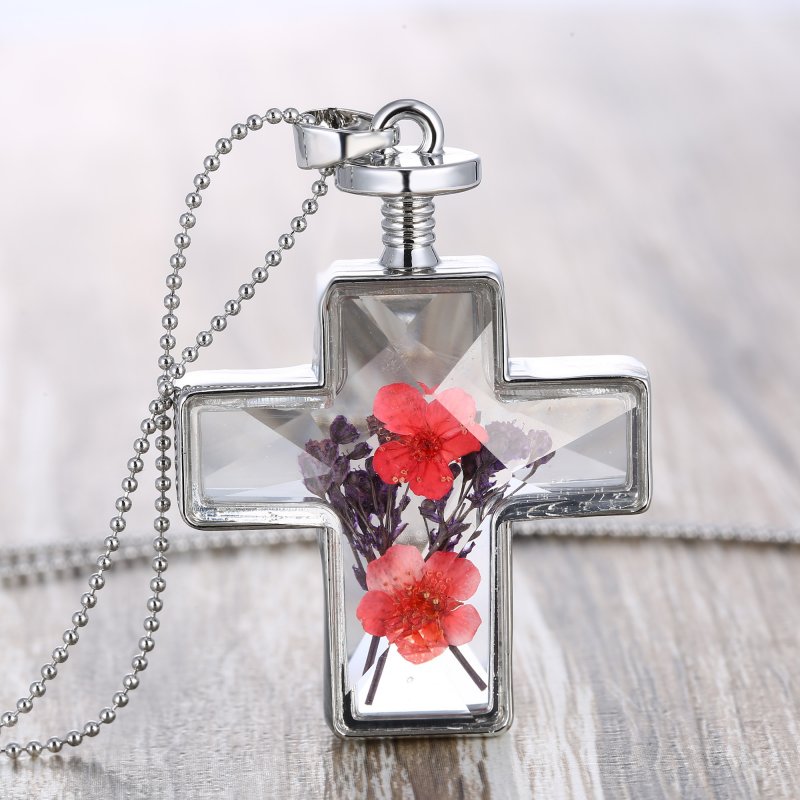 Natural Dried Flower Silver Cross Glass Pendant Necklace Bead Chain
