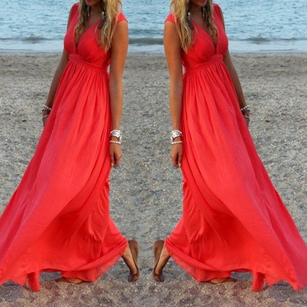 Fashion Beach Dress Sleeveless Chiffon Long Style Dress Summer Red Color S-XL Woman
