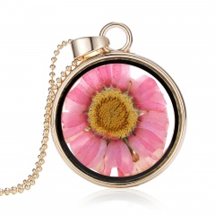 New Natural Real Dried Flower Resin Round Glass Floating Locket Pendant Necklace Pink sunflower