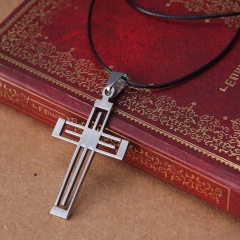 Fashion Silver Hollow Cross Pendant Neclace Leather Chain Jewelry Silver