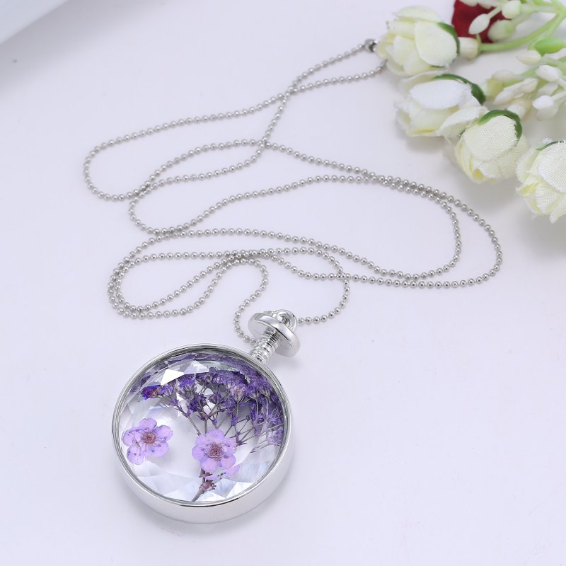 Luxury Purple Dried Real Flower Clear Glass Locket Pendant Necklace Luxury Purple Dried Real Flower Clear Glass Locket Pendant Necklace Silver Chain