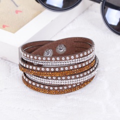 Rinhoo New Leather Bracelet Rhinestone Crystal Bracelet Wrap Multilayer Bracelets for women Brown