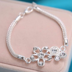 Silver Heart with Rhinestone Bracelet Adjustable Chain Bracelet for Women Flower