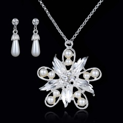 Silver Alloy Flower Pendant Pearl Dnagle Earring Jewelry Set Flower