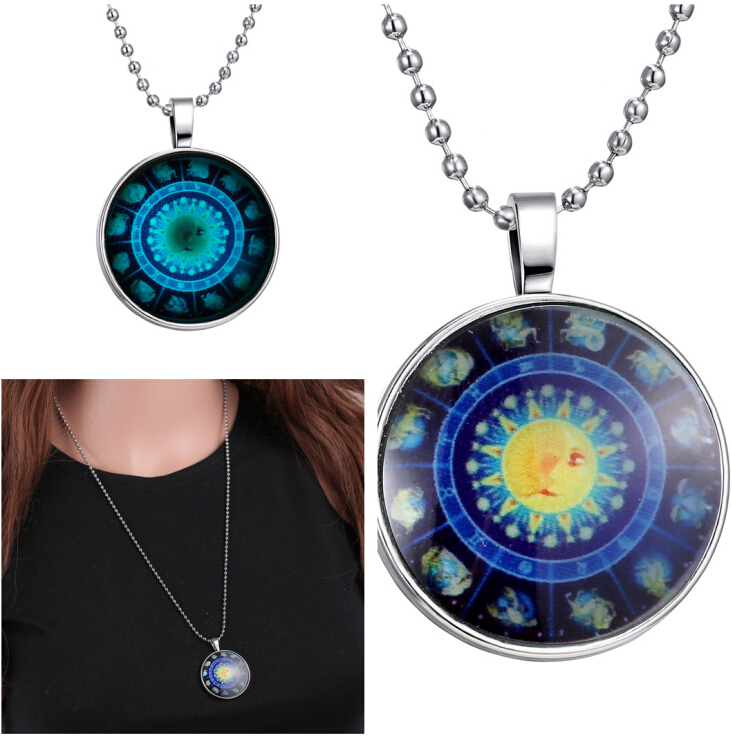 复古纽扣图案夜光圆形吊坠 夜光情侣饰品 生日礼物 发光项链