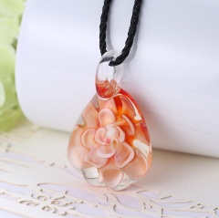 Gold Foil Drop Flower Lampwork Glass Murano Pendant Necklace Women Jewelry Gift Orange