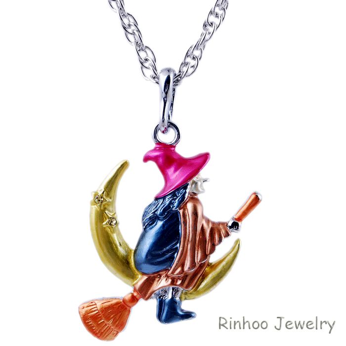 Charm Halloween Xmas Colorful Witch Pendant Necklace Long Sweater Chain ...