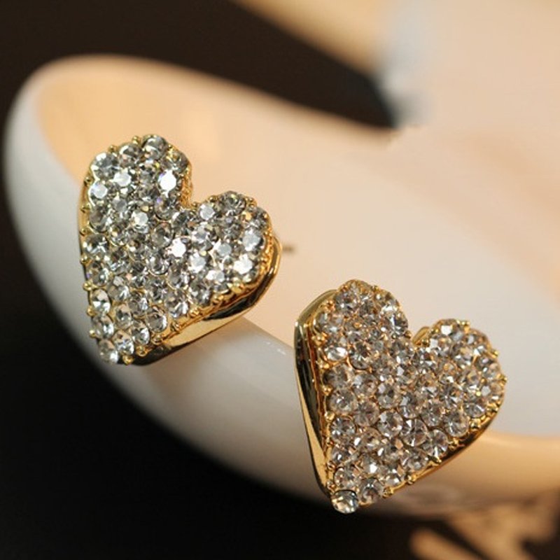 SOLD AS A PAIR GOLD HEART CRYSTAL UNDER LOBE EAR CUFF STUD EARRING CLASSY// PUNK