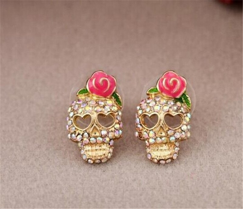 Cool Women Pink Rose Skull Fashion Ear Stud Earrings Piercing Jewelry 1 ...