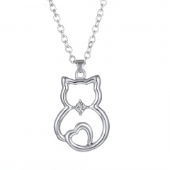 Fashion Hollow Silver Cat Heart Chain Necklace Silver