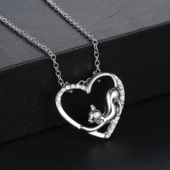 Fashion Silver Hollow Heart Cute Cat Pendant Necklace Chain Jewelry Heart 1