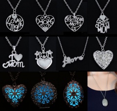 Vintage Hollow Silver Heart Moon Owl Glow In The Dark Luminous Pendant Necklace Wing