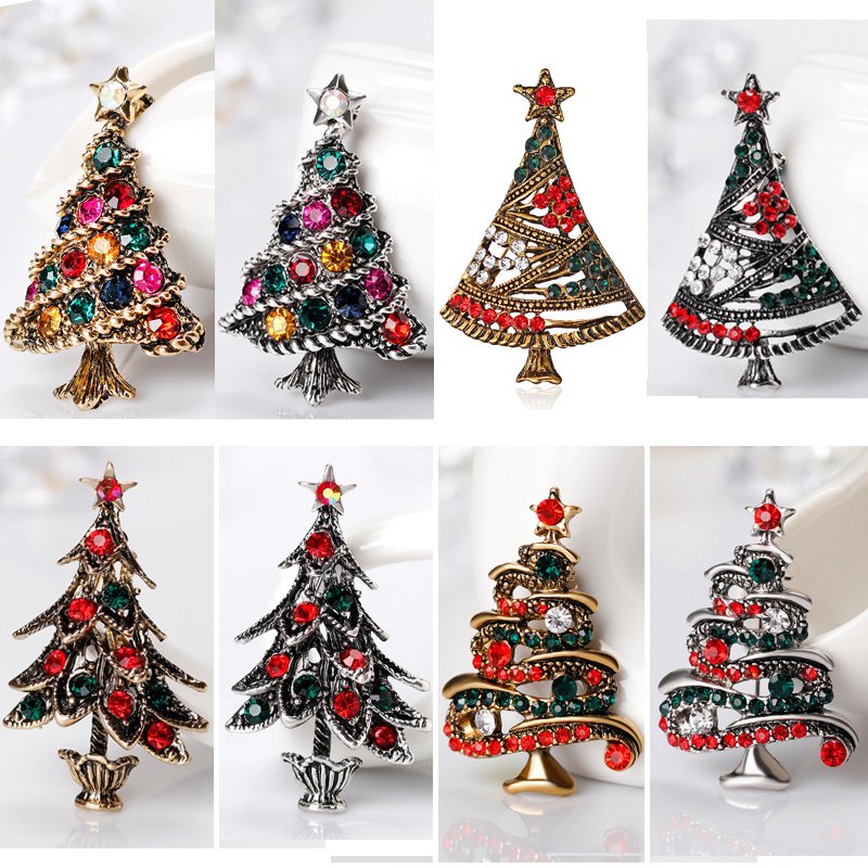 Wholesale 4 8pcs Vintage Christmas Tree Crystal Brooches Pins