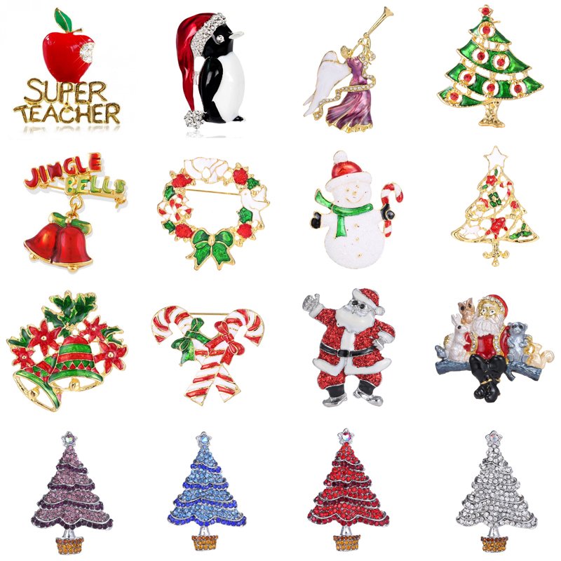 Merry Christmas Snowman Santa Claus Brooch Pin Crystal Enamel Xmas Holiday Party