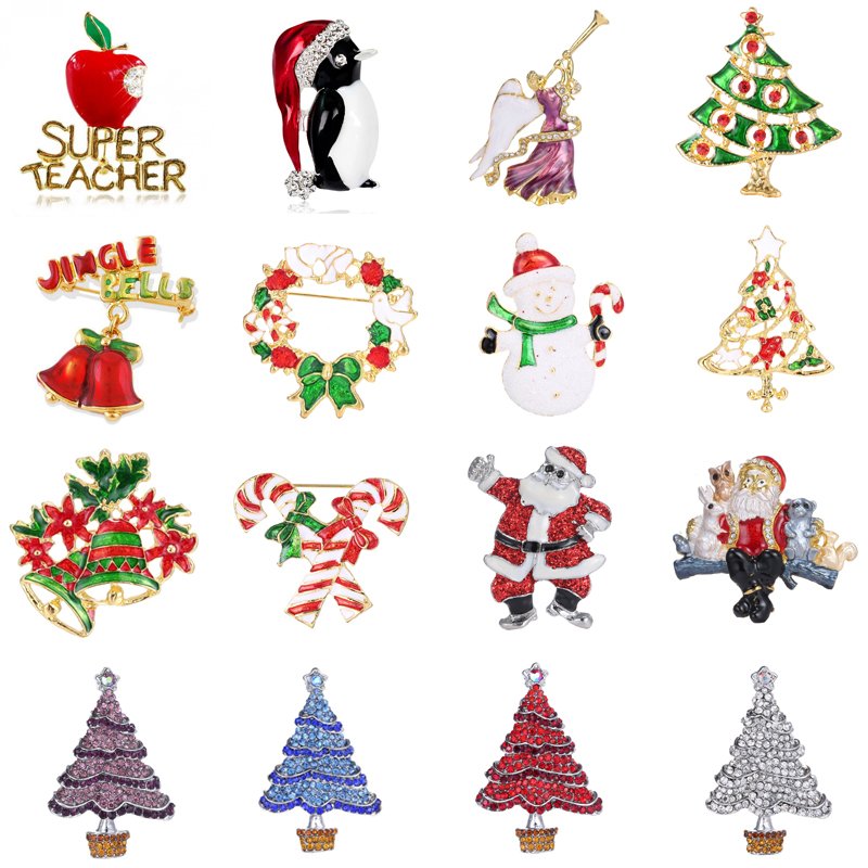 Merry Christmas Snowman Santa Claus Brooch Pin Crystal Enamel Xmas Holiday Party