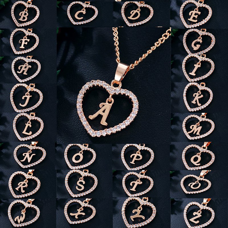 Love Heart Initial Pendant Necklace Rose Gold Crystal with Letters A-Z Jewelry L