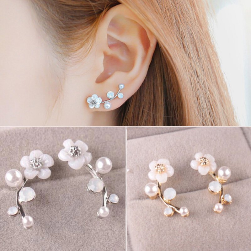Fashion Women Gifts Elegant Pearl Ear Studs Cuff Rhinestone Earrings