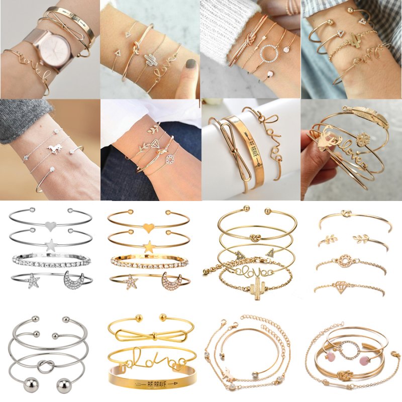 Fashion Women Boho Gold Silver Chain Bracelet Rhinestone Bangle Cuff Jewelry Set