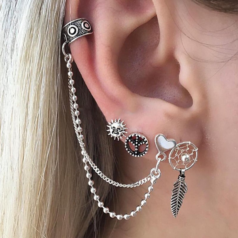 8Pcs Boho Silver Crystal Circle Cartilage Cuff Hoops Wrap Ear Studs Earrings Set