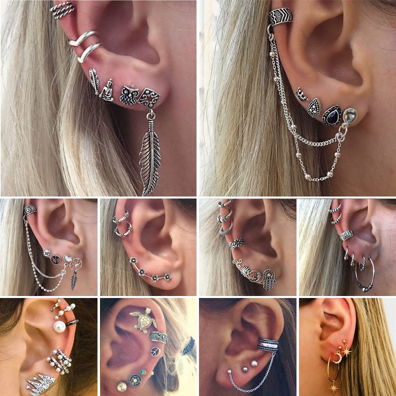 Women Fashion Punk Rock Leaf Chain Tassel Dangle Ear Cuff Wrap Earrings Ear Clip Sterling Silver Chain Tassel Drop Post Earrings for Woman Young Gift