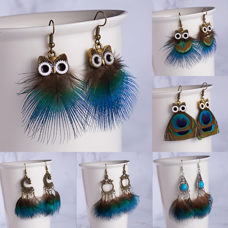 Retro Boheme Longue Plume De Paon Mignon Hibou Crochet Dangle Retro Boheme Longue Plume De Paon Mignon Hibou Crochet Dangle