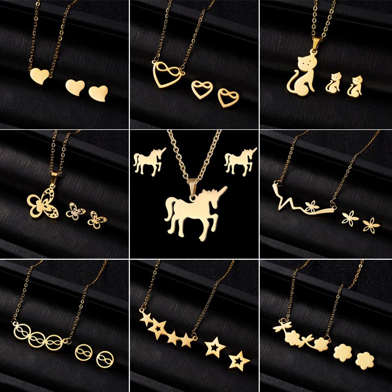 Gold Stainless Steel Butterfly Jewelry Set Women Pendant Necklace Earrings Gift