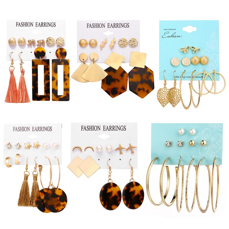 5//6Pairs Boho Tassel Crystal Pearl Earrings Set Women Ear Stud Dangle Jewelry