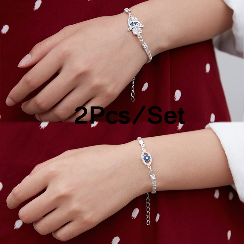 SUNSH 2Pcs Evil Eye Bracelets Good Luck for Couple Friendship Family Adjustable Cords Protection Jewelry Hamsa Lover Gifts