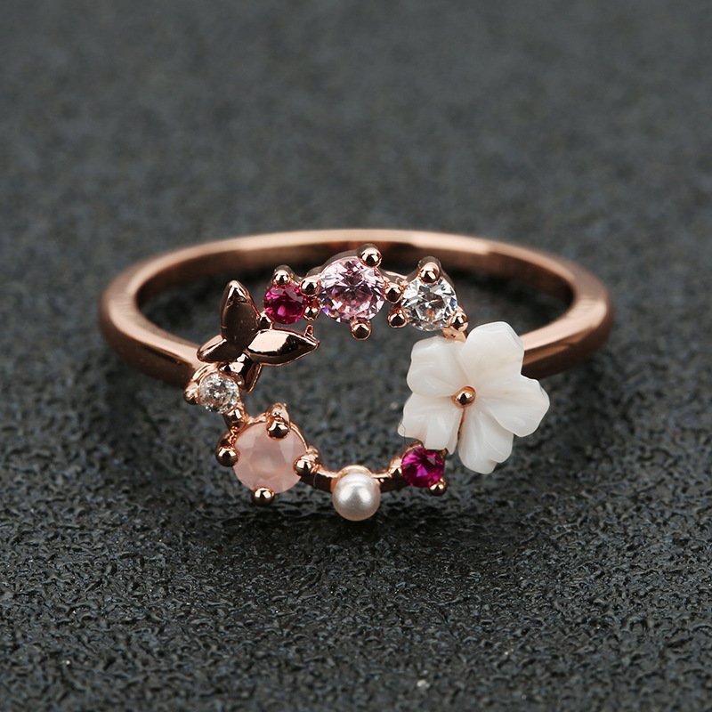 Women Silver Metal Ring Fashion Jewelry Knuckle One Size Band Brown Beads Flower