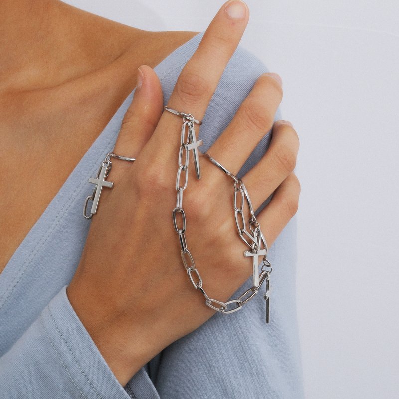 17KM Punk Cool Hip Pop Chain Rings for Women Silver Color Multiple  Connected Chain Link Open