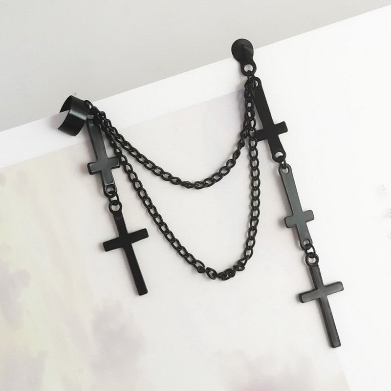 Punk Cross Clip Cross Earrings Men Cuff With Tassel Pendant