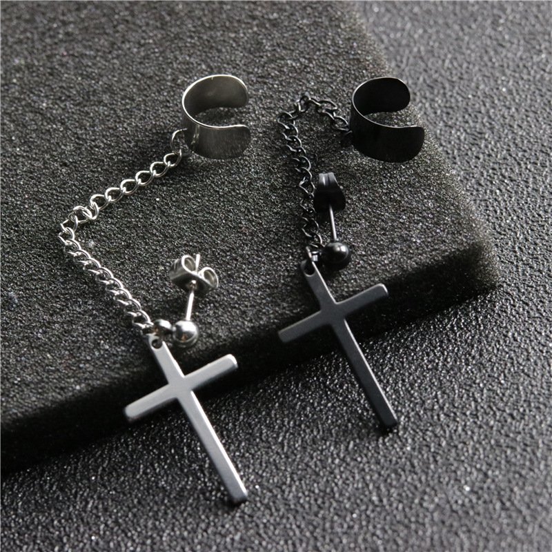 Gothic Punk Cuff Dangle Drop Cross Earrings Long Chain Stud