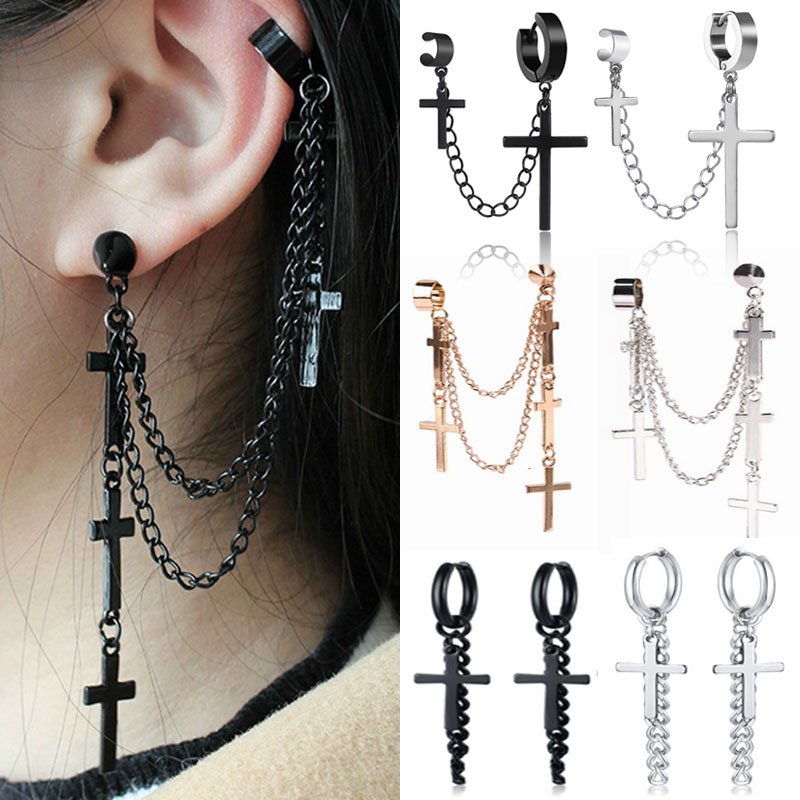Gothic Punk Cuff Dangle Drop Cross Earrings Long Chain Stud