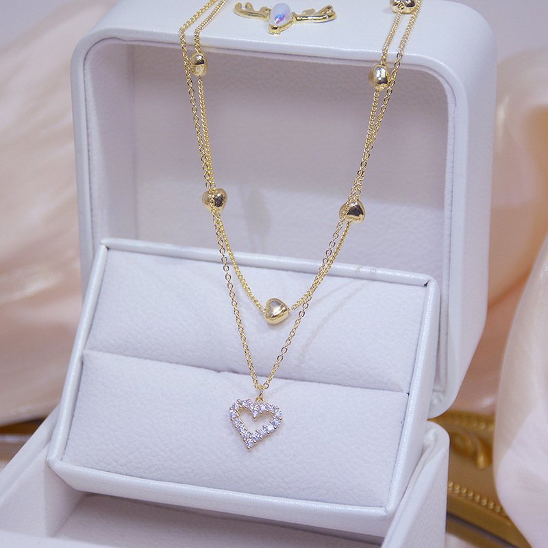 14K Gold 2-D Heart With Double Heart Beaded Tassle Charm Pendant