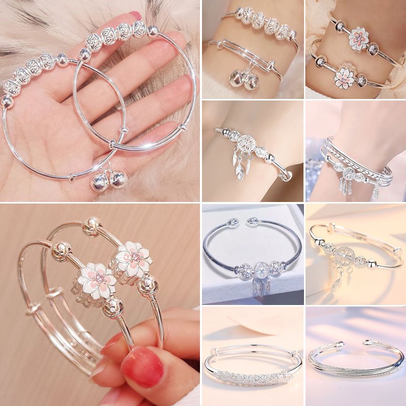 925 Silver Women Dreamcatcher Lucky Beads Charm Cuff Bracelet