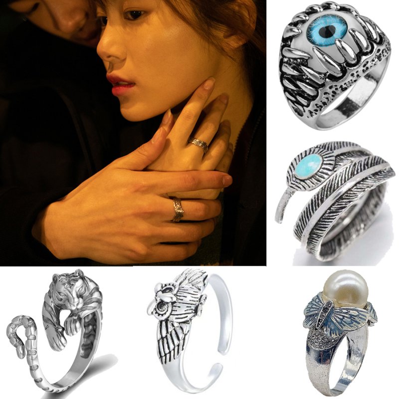 Size 8 Men Rrtro Tiger Blue Evil Eye Owl Ring Jewelry Animal Rings Fashion  Gifts