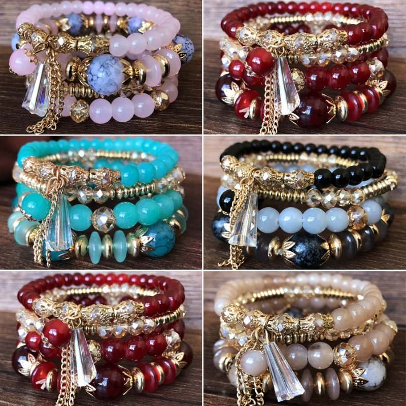 Boho Crystal Multilayer Beaded Bracelet Stretch Bangle Women